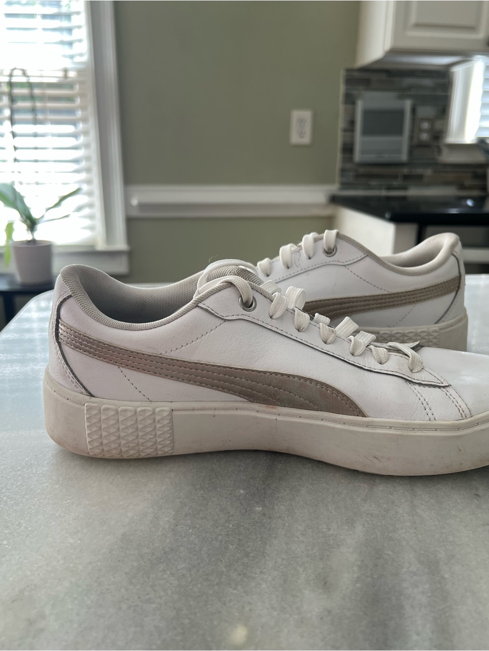 Puma White Leather Sneakers with Taupe Formstripe